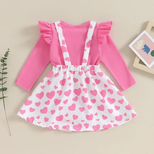 Vista 7 de Conjunto de 2 piezas para el día de San Valentín para bebé niña, mameluco de manga larga con tirantes de encaje y corazón, 2 piezas para otoño e