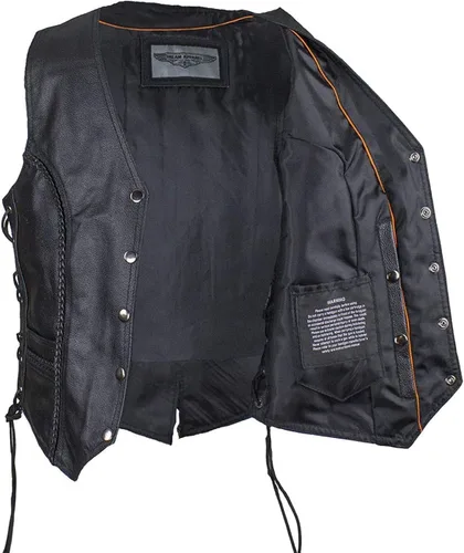 Vista 2 de Chaleco de cuero negro para mujer con trenza en cordones laterales delanteros y traseros