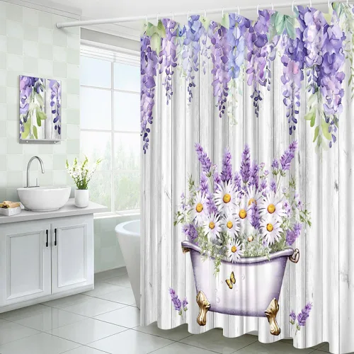 Vista 4 de Cortina de ducha de lavanda con flores moradas, tablero de madera rústico de granja, juego de cortinas de decoración de baño con ganchos