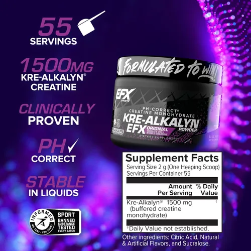 Vista 2 de EFX Sports Kre-Alkalyn EFX Powder Suplemento en polvo de monohidrato de creatina pH correcto Fuerza, crecimiento muscular y rendimiento 55