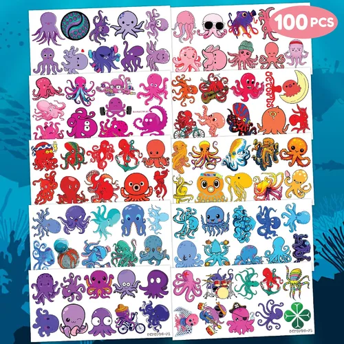 Vista 5 de 100 piezas temáticas de pulpo, regalos de fiesta de cumpleaños, suministros de decoración, pulpo, océano bajo el mar, animales, tatuajes temporales
