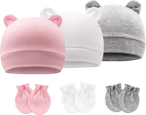 Vista 23 de BQUBO Gorros para Niñas Recién Nacidas Conjunto de Gorro y Manoplas para Bebé Gorros para Infantes con Moño Gorro de Hospital con Manoplas