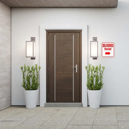 Vista 5 de Deliveries This Way con flecha derecha, letrero compuesto de aluminio, instrucciones de entrega para mis paquetes de Amazon, FedEx, USPS, UPS
