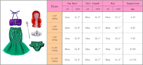 Vista 6 de Disfraz de princesa de sirena para niñas pequeñas peluca de tiara 18 a 8 años