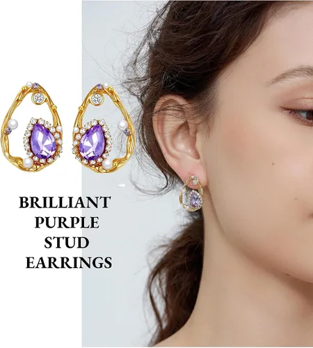 Vista 3 de Pendientes morados para mujer, aretes morados y dorados para mujer con circonita de amatista en forma de lágrima, perlas y pavés de cristal, aretes
