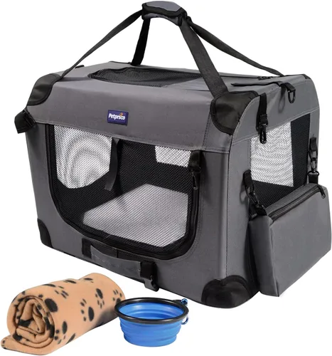 Vista 10 de Jaula portátil plegable para perros Petprsco, jaula de viaje para perros 24x17x17 con manta suave y cálida y cuenco plegable para gatos grandes