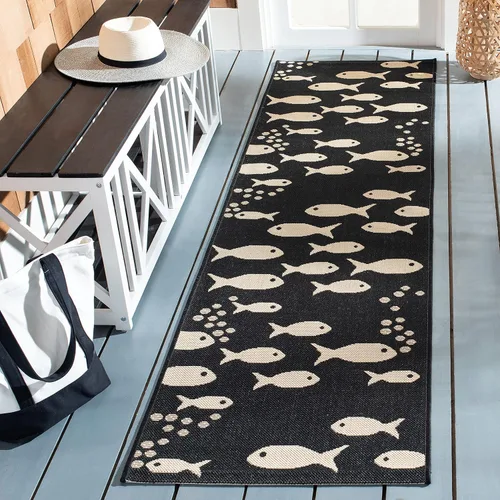 Vista 26 de SAFAVIEH Alfombra lavable para exteriores, colección Patio de 2.3 x 12 pies, color azul y beige, no desprende pelusa y fácil de limpiar, ideal
