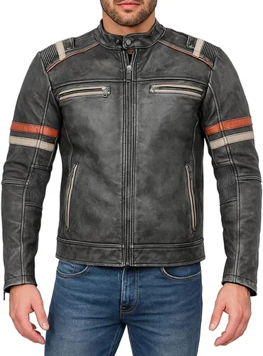 Vista 16 de Mens Premium Distressed Brown Padded Armored Cowhide Leather Cafe Racer Jacket – Vintage Protective Moto Jacket