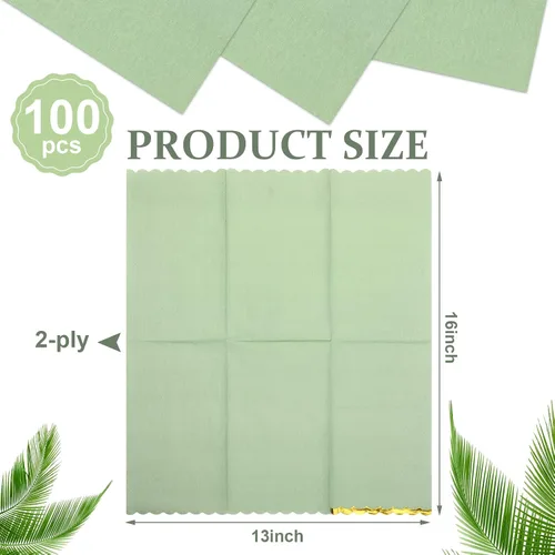 Vista 2 de Panelee 100 servilletas de papel verde salvia con borde festoneado dorado y bordes festoneados, toallas de mano desechables verdes para boda