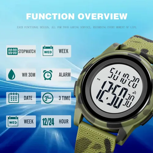 Vista 5 de SKMEI Reloj deportivo digital para hombre, ultrafino, grande, impermeable, con cronómetro, temporizador de cuenta regresiva, función de alarma, luz