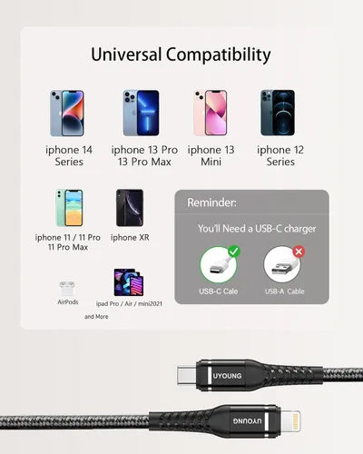 Vista 6 de Cargador rápido corto para iPhone de 1 pie, paquete de 2 [certificado Apple MFi] USB C a Lightning, cable trenzado de carga rápida compatible