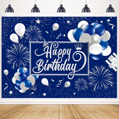 Vista 3 de Telón de fondo de cumpleaños azul y plateado con purpurina para fuegos artificiales, fondo de fotos para niños, hombres y mujeres, patio grande