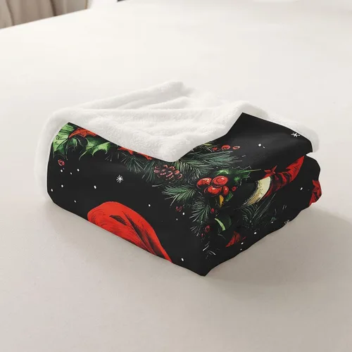 Vista 5 de Manta de cama Kawaii de Papá Noel, manta rústica de felpa con corona de Navidad para decoración rústica del hogar, manta de franela de flores rojas