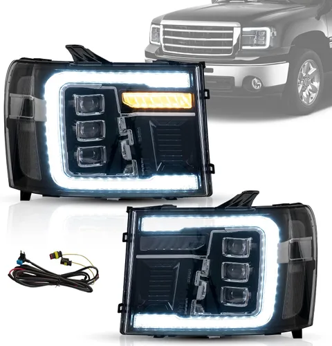 Vista 14 de VLAND Conjunto de Faros Compatible con GMC Sierra 2007-2013 1500HD 2500HD 3500HD, LED Completo, Plug-and-play, Cuenco Reflector