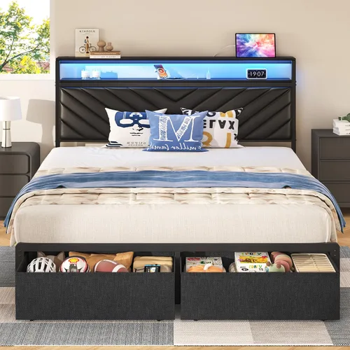Vista 11 de HISOFT Twin Bed Frame with Charging Station, LED Lights & 2 Storage Drawers, Black Platform Bed with Upholstered Headboard, Under-Bed Storage, No