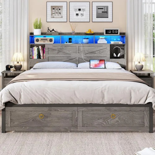 Vista 11 de TIGUBFRE - Base de cama individual con cabecera de almacenamiento, base de cama de madera estilo granja tamaño individual con 3 cajones, luz LED