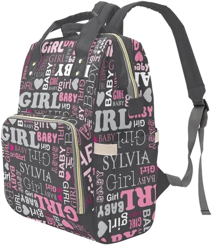 Vista 4 de Mochila de pañales personalizada, regalo con nombre, letras para bebé, color gris, rosa, bolsa de viaje versátil: gran capacidad y múltiples