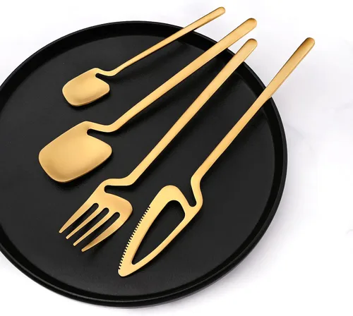 Vista 5 de Juego de cubiertos dorados mate, 20 piezas de cubiertos de acero inoxidable 304 colgantes para 4, juego de utensilios de cocina con acabado Oro