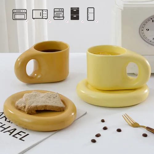 Vista 3 de Taza de café de cerámica, juego de tazas de café de cerámica de 10 onzas, tazas de capuchino de porcelana para café con leche, juego de tazas