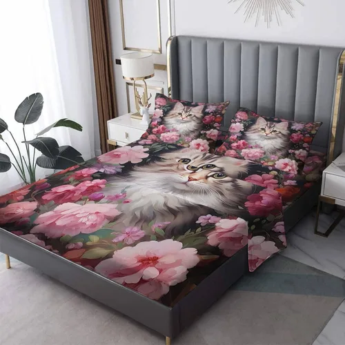 Vista 8 de Juego de sábanas de tamaño individual para gatos, sábanas de microfibra suave, bolsillo profundo, sábanas y fundas de almohada estampadas sin