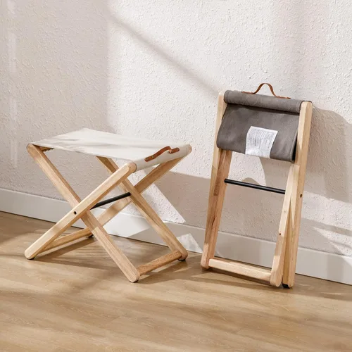 Vista 7 de Juego de 2 taburetes plegables de madera, de madera dura, de 18.5 pulgadas, taburete plegable portátil de pesca con soporte de metal resistente
