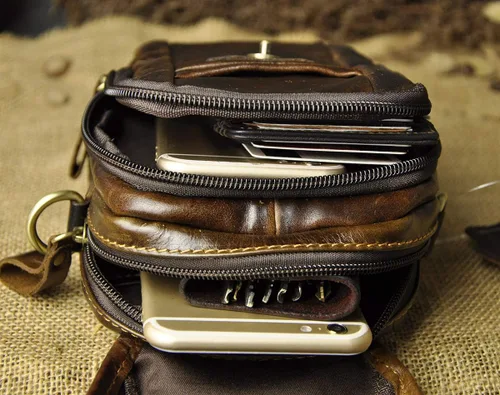 Vista 8 de Le'aokuu Bolso de hombro de mensajero pequeño casual de cuero original para hombre, bolso de cinturón de cintura a la moda, paquete de cigarrillos