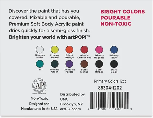 Vista 7 de artPOP! Pintura acrílica suave para el cuerpo, colores primarios, juego de 12, botellas de 2 onzas, pintura acrílica de alto flujo para verter sobre