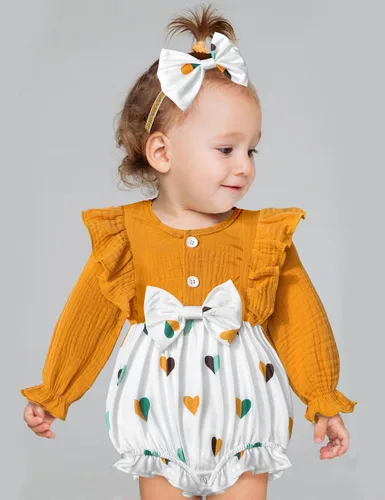 Vista 3 de Ropa de bebé niña con volantes de manga larga de algodón y lino con botón + diadema 2 piezas de otoño para bebé niña