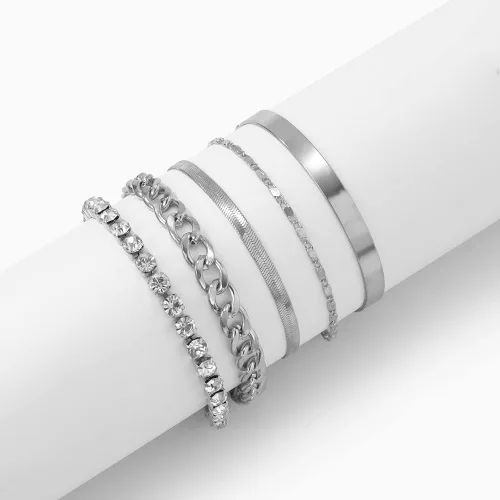 Vista 4 de fxmimior Juego de 5 pulseras apilables de cadena dorada y plata con diamantes de imitación para mujer, con cuentas ajustables, cadena de cable plano