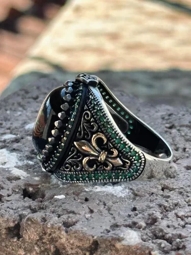 Vista 4 de Silver Handmade Ring, Emerald Stone Ring, Silver Green Zircon Stone Ring, Engraved Silver Ring, Ottoman Style Ring, Gift For Him