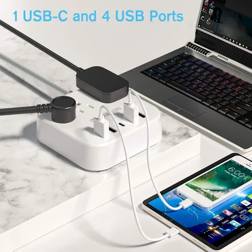 Vista 2 de Regleta de alimentación, protector de sobretensiones HITRENDS con 3 tomas, 4 puertos USB y 1 puerto tipo C (5V/3A), enchufe plano en ángulo, cable