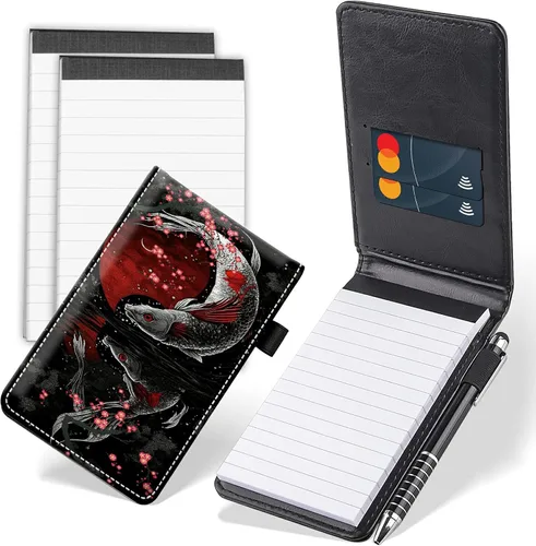 Vista 15 de Juego de 4 mini blocs de notas de bolsillo, funda de cuero sintético de mármol abstracto con 2 ranuras para tarjetas, 1 lápiz capacitivo y 2