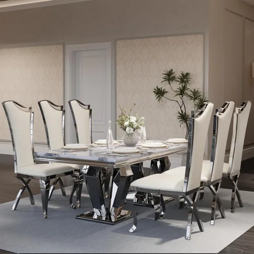 Vista 10 de ACEDÉCOR Juego de mesa de comedor para 4, mesa de comedor rectangular de 78 pulgadas con parte superior texturizada gris y base geométrica plateada