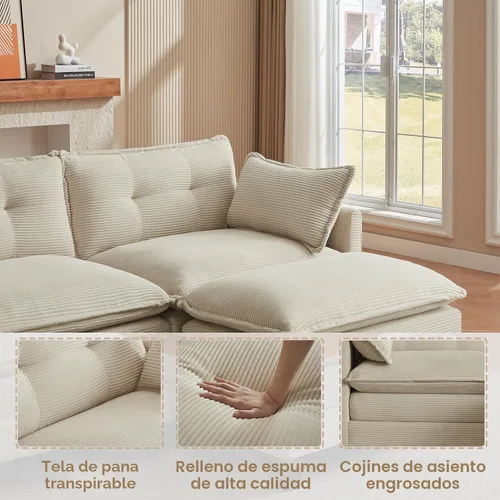 Vista 6 de Amsleekey Sofá Seccional Modular, 111.5" en Forma de U de Pana Cómodo Sofás Seccionales para Sala de Estar, Sofás Nube de 3 Plazas con 2 Otomanas