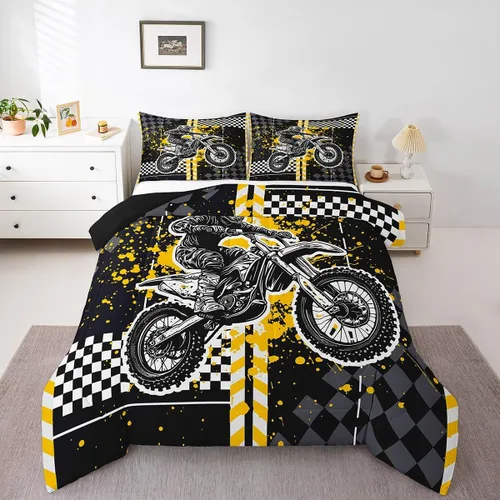Vista 8 de Feelyou Kids Green Dirt Bike Duvet Insert Twin Size, Extreme Sports Comforter Set Boys Girls Motorbike Bedding Set Teens Bedroom Decor Microfiber