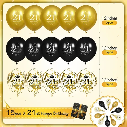 Vista 5 de Globos de cumpleaños número 21 para hombres, 15 globos de feliz cumpleaños número 21 para hombres y mujeres de 21 años de edad, suministros