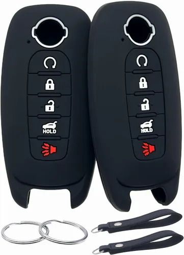 Vista 7 de REPROTECTING Funda de goma de silicona para llavero compatible con Nissan Pathfinder Rogue Kicks (5 botones, negro/rosa)
