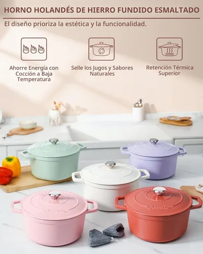 Vista 3 de Ciwete - Olla de horno holandés de hierro fundido esmaltado, 4.4 cuartos de Rosa claro