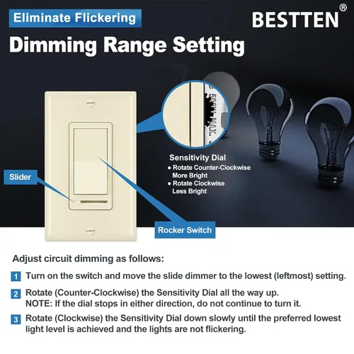 Vista 4 de BESTTEN Paquete de 2 interruptores de luz de pared con atenuador de almendra, compatible con LED regulable, CFL, bombilla incandescente y halógena