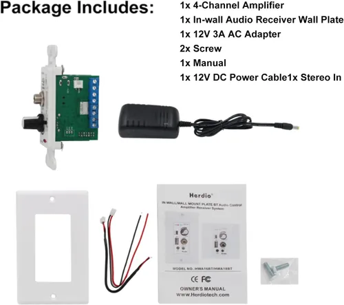 Vista 2 de Herdio Amplificador Bluetooth de pared de 4 canales Control de volumen Placa de pared USB/MIC/AUX (3.5mm) Entradas Conecta 4 altavoces con fuente