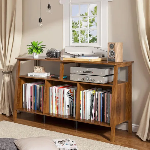 Vista 6 de Mxtxmy Soporte grande para tocadiscos, mesa giratoria de mediados de siglo con almacenamiento abierto con capacidad para hasta 450 álbumes, estante