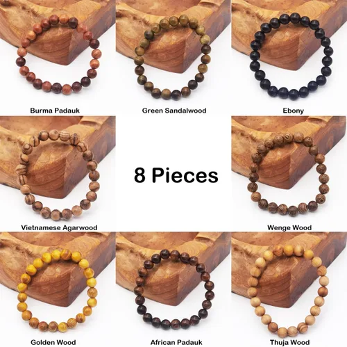 Vista 3 de INSPIRELLE 8 pulseras elásticas de madera natural con cuentas para hombres y mujeres