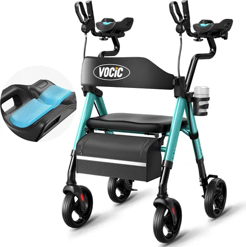 Vista 10 de VOCIC Caminantes para personas mayores, andador vertical con reposabrazos ajustables, Z22 GelCool Stand Up Walker con asiento y respaldo Ergo