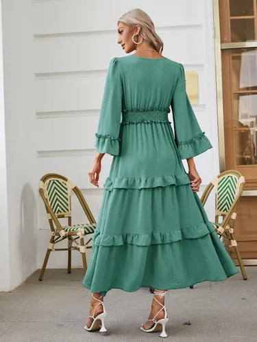 Vista 4 de Amegoya Vestido largo de manga larga con cuello en V bohemio para mujer, de verano, para invitadas de boda, de estilo fluido, para compromisos