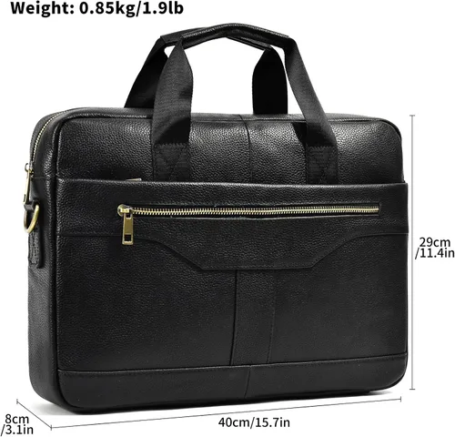 Vista 2 de Maletín de cuero genuino para hombres, bolso de hombro para computadora portátil con correa, bolso de trabajo de viaje de negocios de 15.6 pulgadas