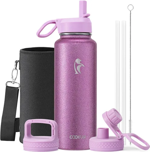 Vista 12 de Coolflask Botella de agua de 20 onzas aislada con pajilla, 3 tapas de metal de acero inoxidable, botella de agua de boca ancha para deportes u