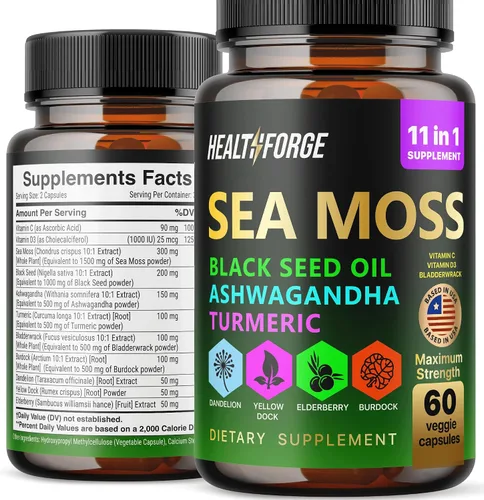 Vista 7 de Cápsulas de musgo marino irlandés Organic Seamoss 3000 mg Cápsulas de aceite de semilla negra 2000 mg Ashwagandha Suplementos 1000 mg de cúrcuma