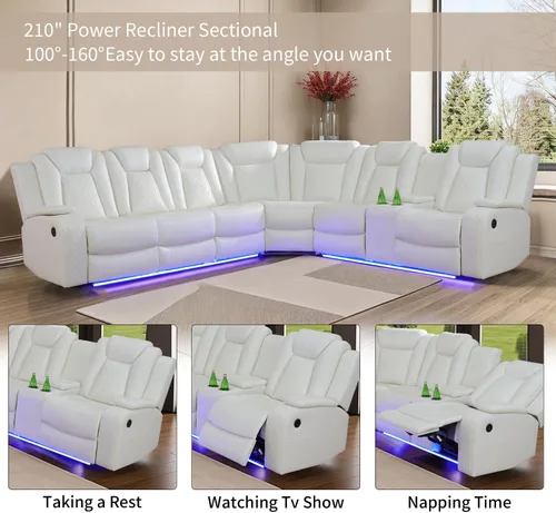 Vista 4 de Juego de sofá modular reclinable eléctrico para sala de estar, sofá modular reclinable de cuero con mesa auxiliar, soporte para tazas, consola