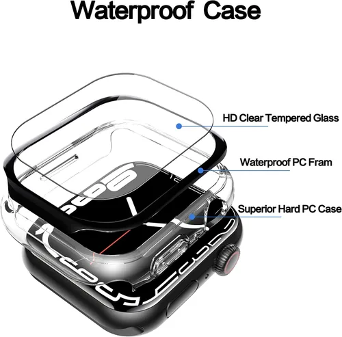 Vista 3 de YMHML Funda impermeable compatible con el protector de pantalla de Apple Watch Series 9, Series 8, 7, 1.614 in, vidrio templado, policarbonato duro