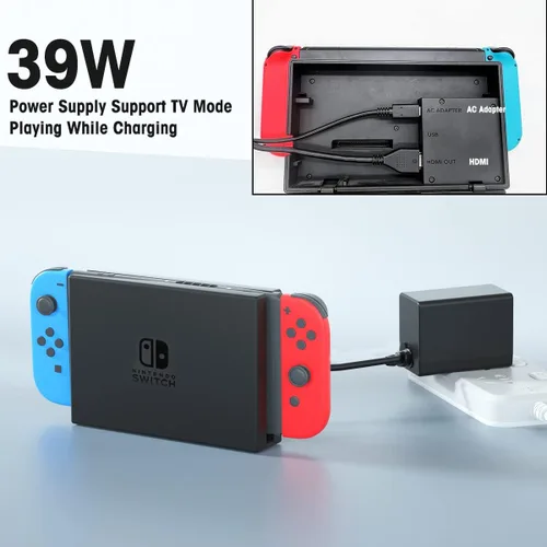 Vista 6 de Cargador para Nintendo Switch, adaptador de CA compatible con Switch OLED y Switch Lite, fuente de alimentación de 15 V2.6 A, modo de TV, cable